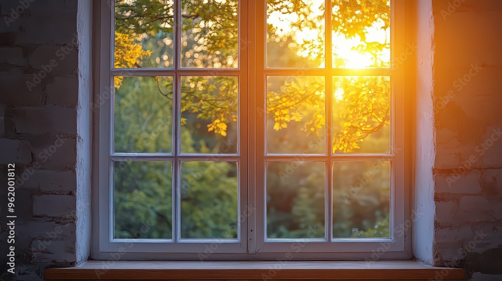 Fototapeta premium Golden sunset light filtering through window panes, revealing vibrant green trees outside. A peaceful, natural view to enjoy indoors.