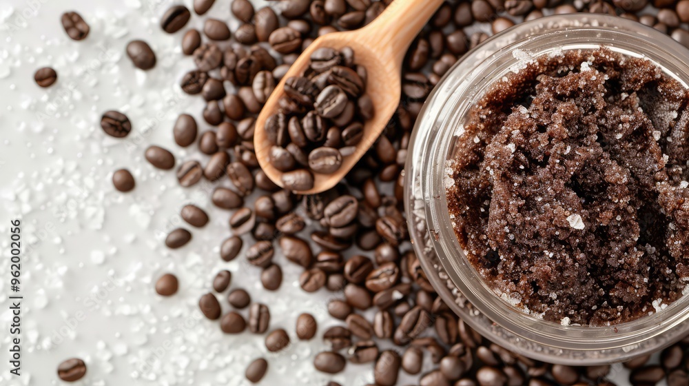 Coffee scrub in a glass jar with coffee beans on a wooden spoon, spa setting with candles and a towel. Wellness and natural skincare concept Coffee scrub in a glass jar with coffee beans on a wooden spoon, spa setting with candles and a towel. Wellness and natural skincare concept