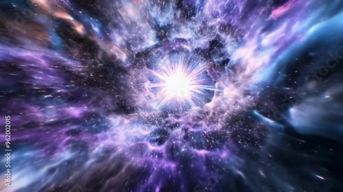 A Star Exploding in Space with Light Rays Spreading Out from the Center and Creating an Aura of Purple and Blue Colors, Surrounded by Colorful Nebulae