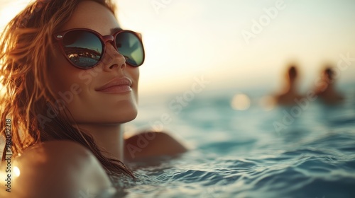 A woman wearing stylish sunglasses enjoys a swim in the calm sea as the sun sets, creating a tranquil and picturesque scene with serene water and golden light.