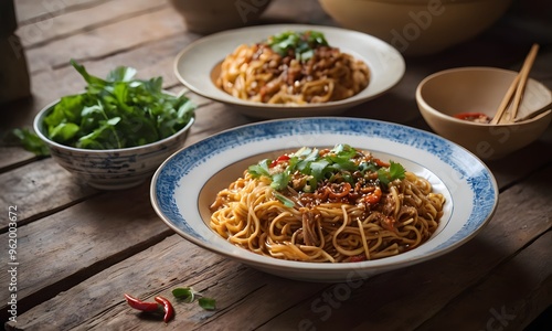 Golden Brown Homemade Noodles on Natural Wooden Table, Generative Ai photo