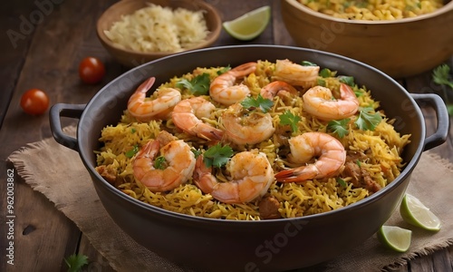 Traditional Homemade Prawns Biryani with Wooden Table Background, Generative Ai