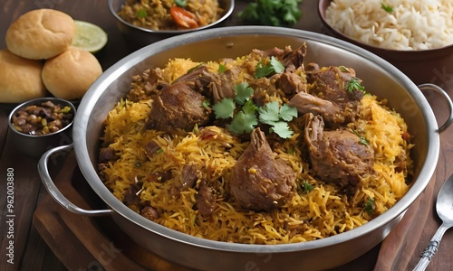 Homemade Mutton Biryani with Aromatic Spices on Wooden Board, Generative AI