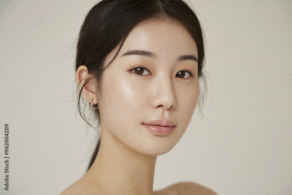 Fototapeta premium Woman soft skin portrait. Close-up portrait of a young woman with soft, glowing skin. Her eyes are captivating, and a gentle smile suggests confidence and natural beauty.