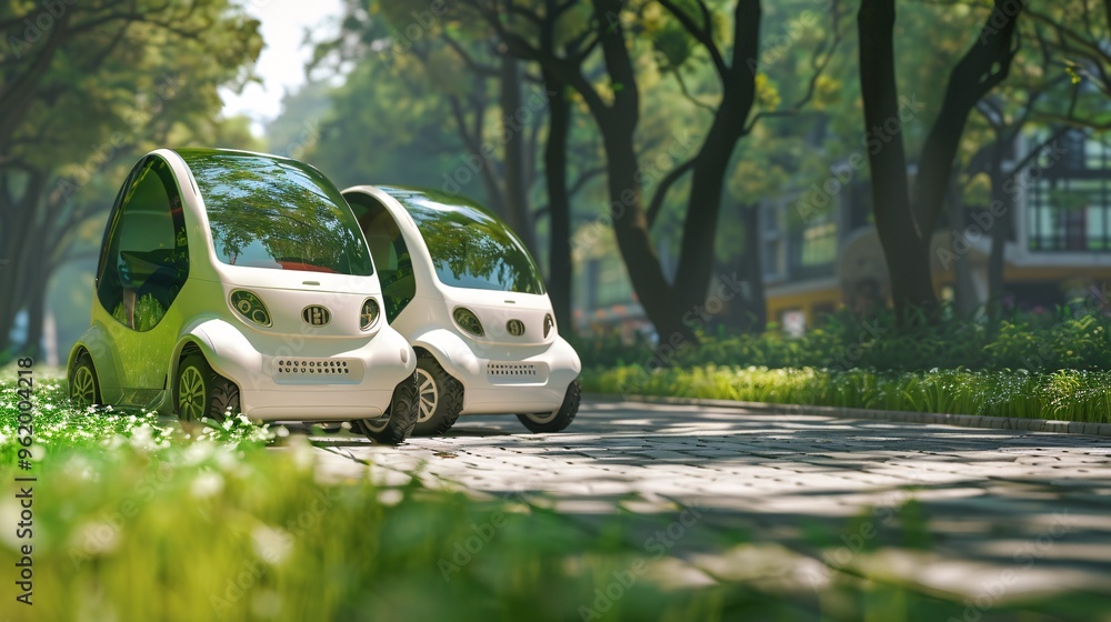 Two Small White Electric Cars Parked Under Trees