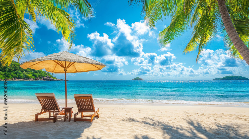 Beautiful panoramic sea sand sky.Tropical relax beach sunny summer island landscape. Love couple chairs umbrella palm leaves romantic coast. Luxury travel destination. Honeymoon vacation best tourism Beautiful panoramic sea sand sky.Tropical relax beach sunny summer island landscape. Love couple chairs umbrella palm leaves romantic coast. Luxury travel destination. Honeymoon vacation best tourism