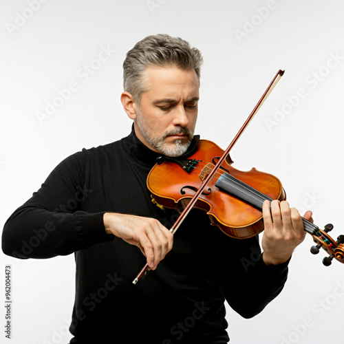 Focused violinist playing his violin fiddler creates art with fiddle musician in white background