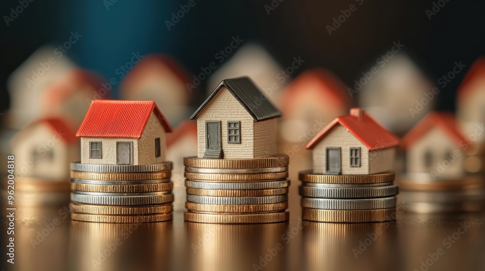 Miniature houses on stacks of coins Miniature houses on stacks of coins