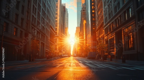 A city street at sunrise, with lens flares bouncing off the windows of tall buildings and the pavement