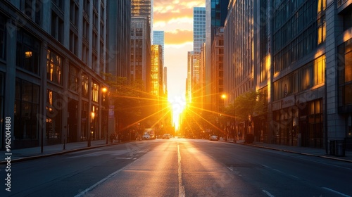 A city street at sunrise, with lens flares bouncing off the windows of tall buildings and the pavement