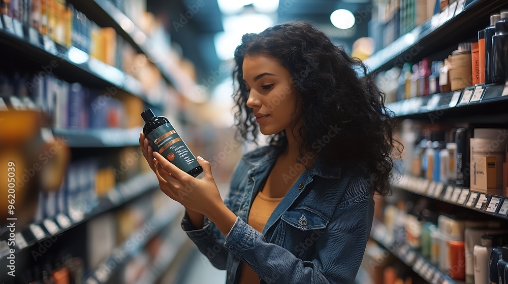 A stylish woman with dark, wavy hair selects a haircare product, carefully reading the label of a metallic bottle in a well-lit store aisle. A stylish woman with dark, wavy hair selects a haircare product, carefully reading the label of a metallic bottle in a well-lit store aisle.