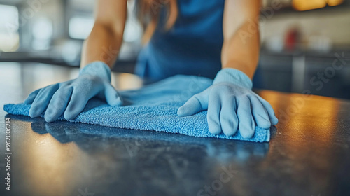 Close-up of a female cleaner's gloved hands in action, symbolizing hard work, cleanliness, and diligence. The image highlights the dedication and care involved in maintaining cleanliness and order