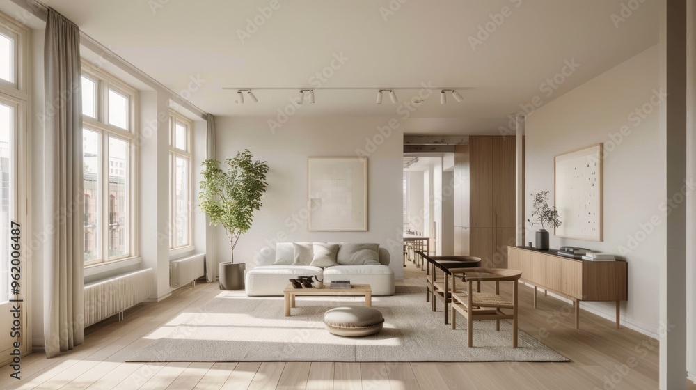 Fototapeta premium Scandinavian minimalist living room with wooden floor AI generated image