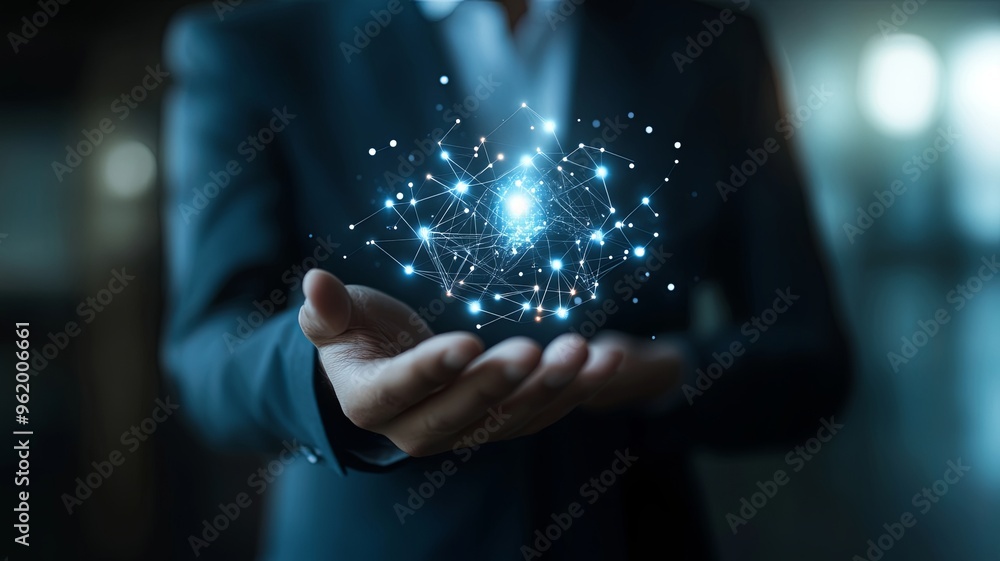 Businessman is showing concept of future technology and internet connection network with AI as controller. A graphic floated in the air on his hand. Data center network concep Businessman is showing concept of future technology and internet connection network with AI as controller. A graphic floated in the air on his hand. Data center network concep