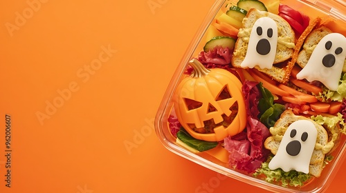 A glass lunch box filled with Halloween-themed sandwiches shaped like pumpkins and ghosts, alongside colorful veggies. The background is a solid bright orange, with ultra-sharp focus on the food photo