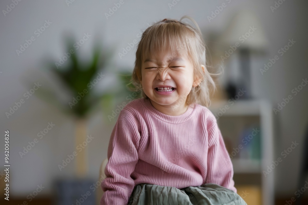 Happy child smile. Adorable little girl in a pink sweater is laughing and smiling. She looks happy and carefree. Happy child smile. Adorable little girl in a pink sweater is laughing and smiling. She looks happy and carefree.