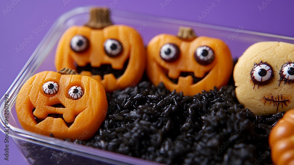 A close-up shot of a glass bento box featuring spooky black rice, carved pumpkin shapes, and eerie eyeball cookies. The background is a solid purple, with high-definition clarity on every food item. A close-up shot of a glass bento box featuring spooky black rice, carved pumpkin shapes, and eerie eyeball cookies. The background is a solid purple, with high-definition clarity on every food item.