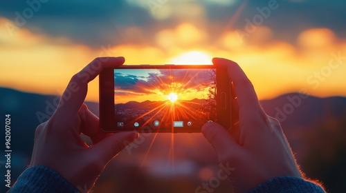A person holding a smartphone to capture a sunset, with lens flares streaking through the camera lens and screen