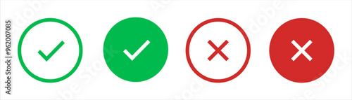 Check mark, tick and cross brush signs, green checkmark OK and red X icons, symbols YES and NO button for vote, decision, election choice, web