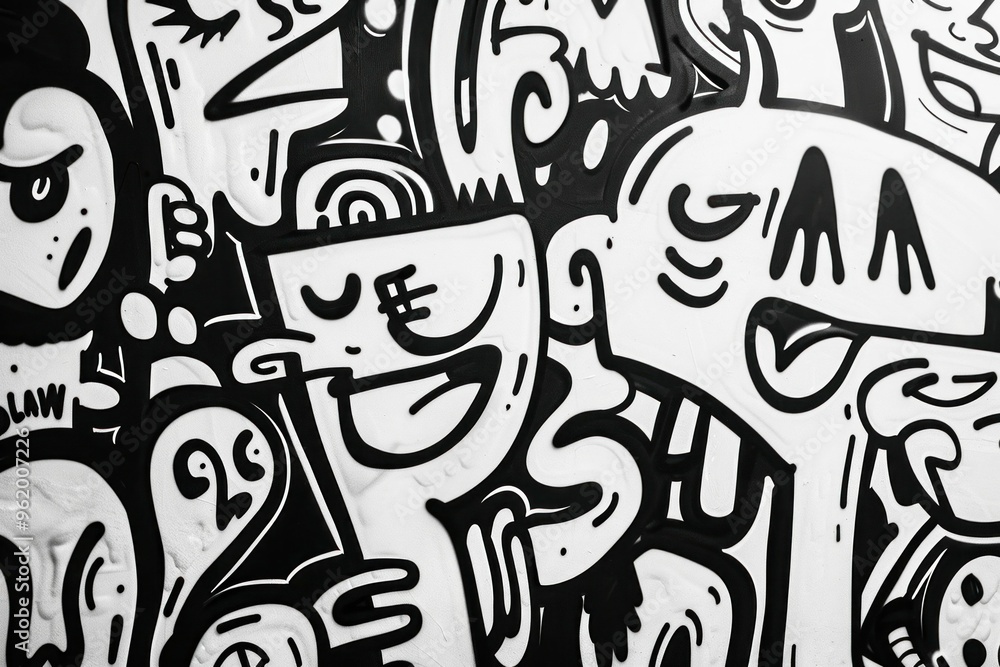 Abstract black and white graffiti art featuring playful faces and expressions on a textured surface Abstract black and white graffiti art featuring playful faces and expressions on a textured surface