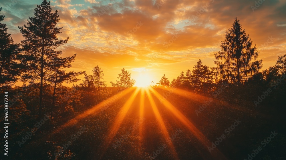 A scenic sunset with golden rays casting a natural lens flare over a silhouette of trees in the foreground A scenic sunset with golden rays casting a natural lens flare over a silhouette of trees in the foreground