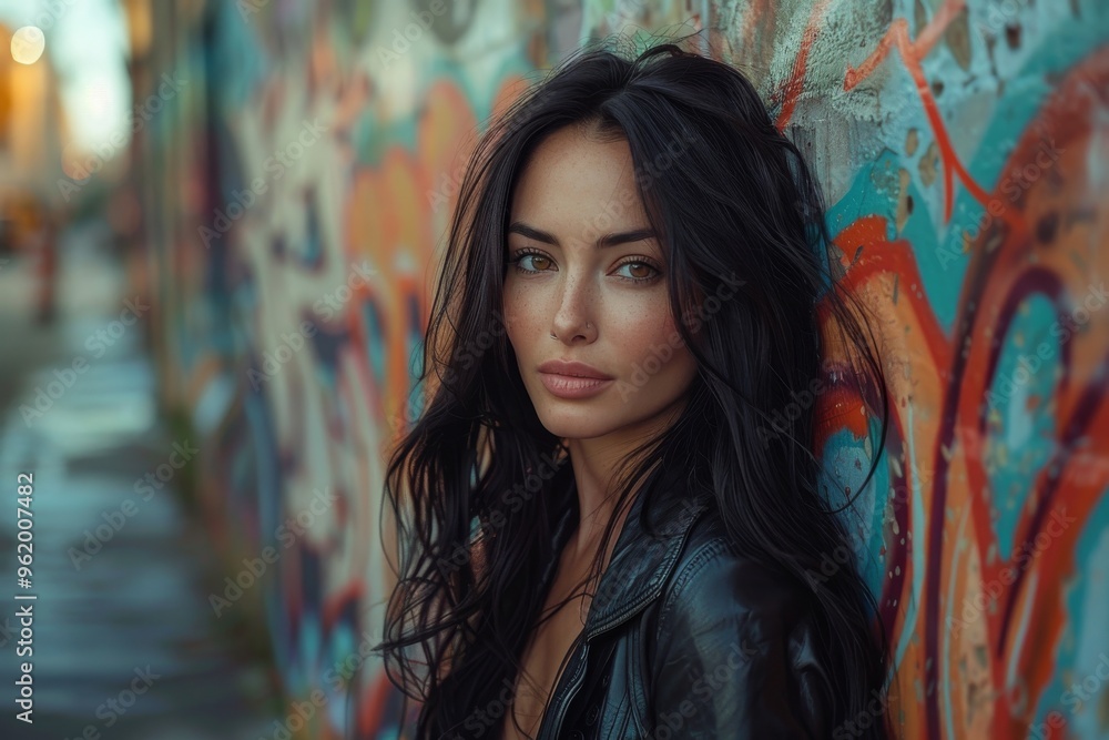 Naklejka premium woman wearing a black leather jacket, leaning against a graffiti-covered wall in an urban setting