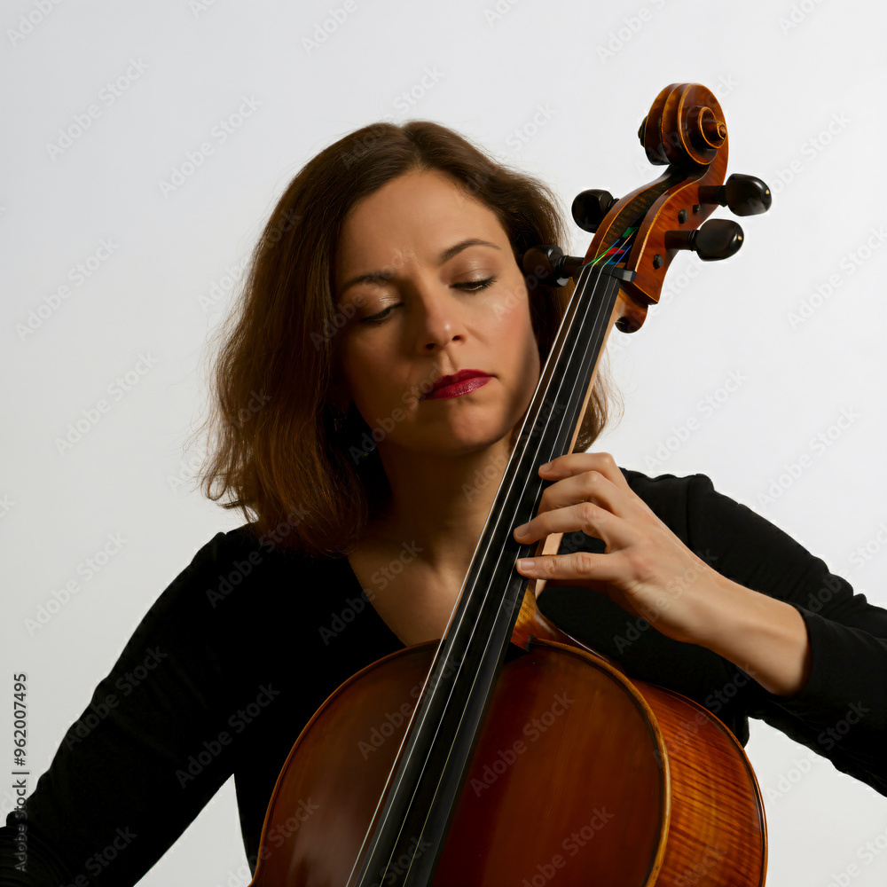 Female contrabassist playing her contrabass focused musician isolated in white background
