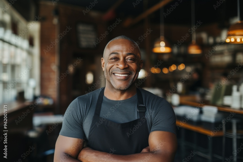 Portrait of a smiling male middle aged African American bartender Portrait of a smiling male middle aged African American bartender