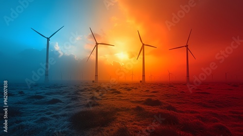 Wind turbines stand tall in a field as the sun sets casting a warm glow on the sky and the landscape.