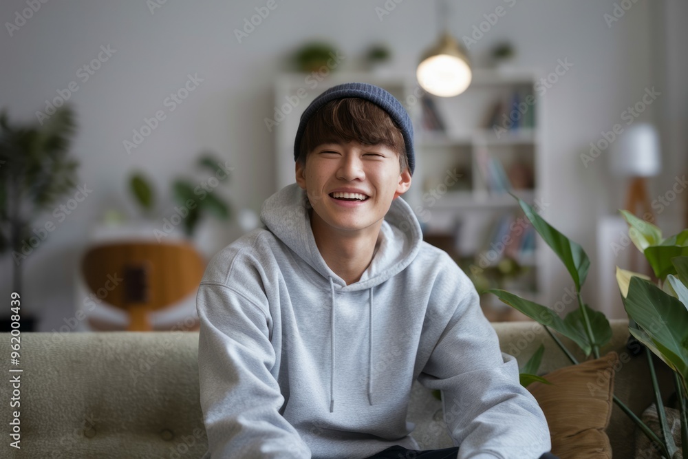 Fototapeta premium Happy young man. A joyful young man in a hoodie and beanie smiles broadly, conveying a positive and upbeat feeling.