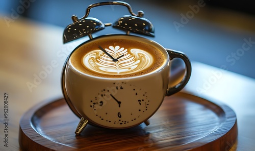 A cup of latte art coffee shaped like a vintage alarm clock photo