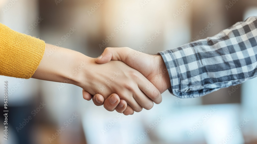 Two businesspeople shake hands in a close-up shot, showing confidence in an office setting. Two businesspeople shake hands in a close-up shot, showing confidence in an office setting.
