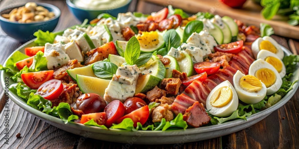 A Colorful and Delicious Salad with Bacon, Eggs, Tomatoes, and Blue Cheese, salad , blue cheese , bacon A Colorful and Delicious Salad with Bacon, Eggs, Tomatoes, and Blue Cheese, salad , blue cheese , bacon