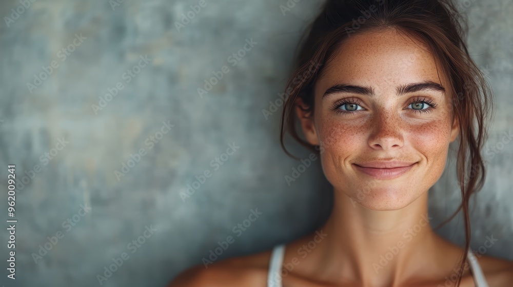 A smiling woman with freckles and tied brown hair stands against a gray wall. She exudes a sense of peacefulness, confidence, and natural beauty in her casual attire. A smiling woman with freckles and tied brown hair stands against a gray wall. She exudes a sense of peacefulness, confidence, and natural beauty in her casual attire.