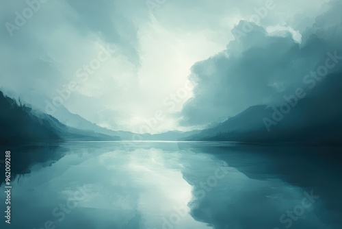 Misty Mountains Reflecting in a Still Lake