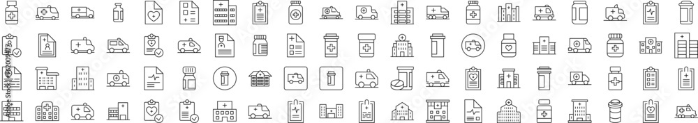 Related Outline Picture Set. Contains Icons of Hospital, Ambulance, Pills, Prescription for Banners, Infographics, Books, Articles and Other Types of Design Related Outline Picture Set. Contains Icons of Hospital, Ambulance, Pills, Prescription for Banners, Infographics, Books, Articles and Other Types of Design