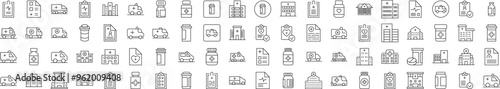 Related Outline Symbol Set. Contains Icons of Hospital, Ambulance, Pills, Prescription for Banners, Infographics, Books, Articles and Other Types of Design