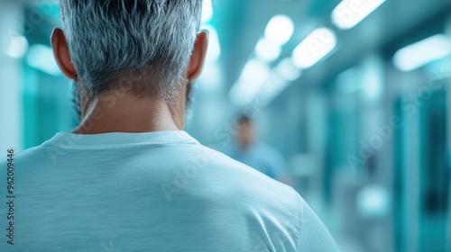 A person with gray hair is walking down a brightly lit industrial hallway, signifying experience, confidence, and modern work environment in an industrial setting.