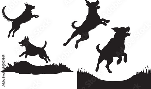 Silhouette German shepherd run and Labrador retriever dog silhouette in different poses illustration design template 