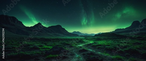 Mysterious alien landscape with glowing green lights.