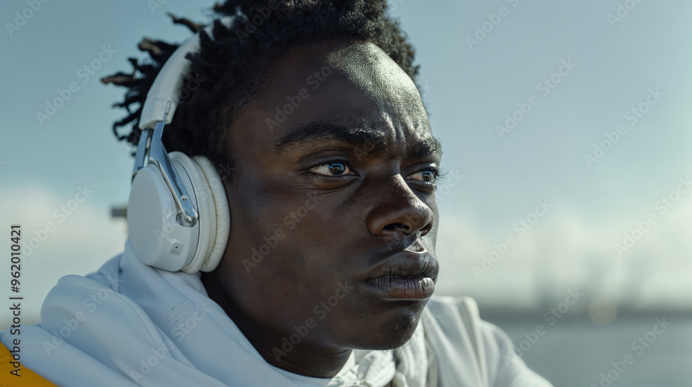 A young black man wearing white headphones and coat looking forward. A young black man wearing white headphones and coat looking forward.