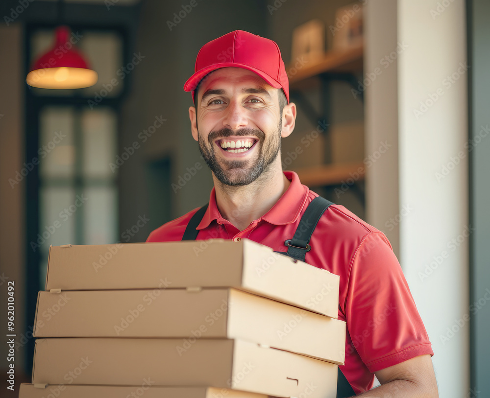 A pizza deliveryman carries a stack of pizza boxes A pizza deliveryman carries a stack of pizza boxes