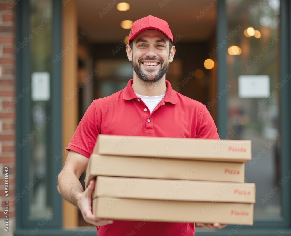 A pizza deliveryman carries a stack of pizza boxes A pizza deliveryman carries a stack of pizza boxes