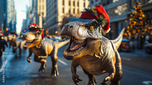 A dinosaur wearing a Santa hat walks down a city street.