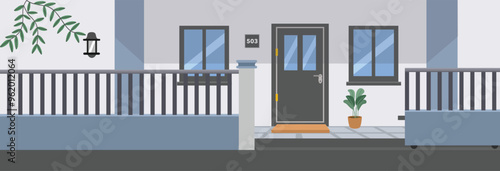 House facade vector art. Front door house. Building entrance. Home exterior. House building. House front entrance. Wooden door and windows.