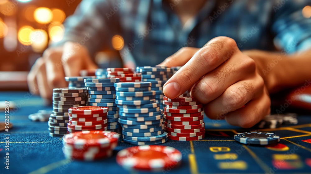 man's hands holding a stack of colorful poker chips, symbolizing risk, luck, gambling, and strategy. The vibrant colors suggest excitement, opportunity, and the thrill of chance man's hands holding a stack of colorful poker chips, symbolizing risk, luck, gambling, and strategy. The vibrant colors suggest excitement, opportunity, and the thrill of chance