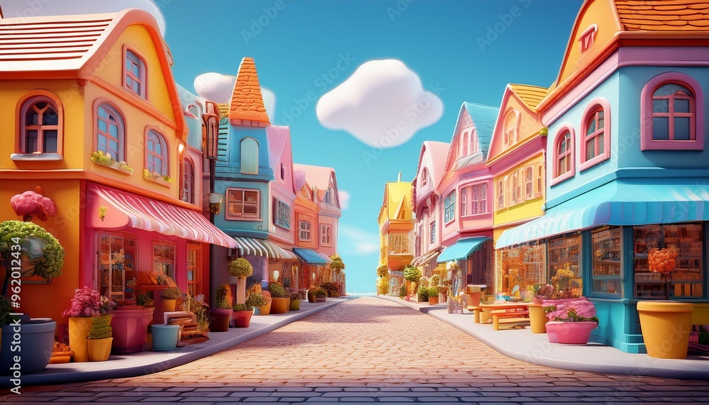 Fototapeta premium 3d render of a cute cartoon street with colorful houses and shops