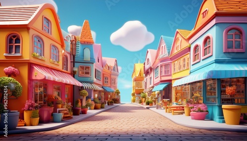 3d render of a cute cartoon street with colorful houses and shops