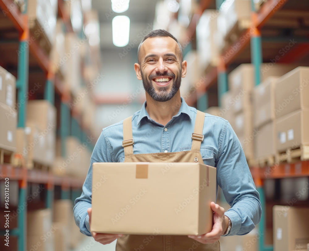 The storekeeper smiles and carries a box in the warehouse The storekeeper smiles and carries a box in the warehouse