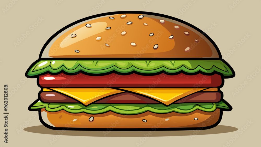 A vibrant and detailed illustration of a classic hamburger with a sesame bun, fresh lettuce, ripe tomatoes, melted cheese and beef patties. A vibrant and detailed illustration of a classic hamburger with a sesame bun, fresh lettuce, ripe tomatoes, melted cheese and beef patties.